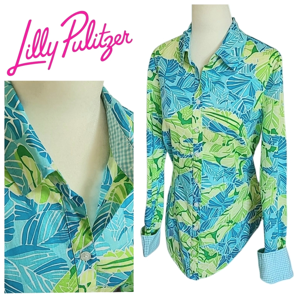 Lilly Pulitzer | Jonni Turquoise Cotton Button Down Top Gator Alley Print 4